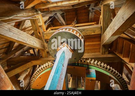 Primo piano degli ingranaggi e delle travi in legno all'interno del mulino a vento De Korenbloem a Vriescheloo, Groningen, che mostra l'artigianato e la meccanica tradizionali. Foto Stock