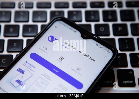 India. 30 gennaio 2025. In questa immagine, l'app DeepSeek viene visualizzata sullo schermo di un telefono cellulare accanto a una tastiera. Credito: SOPA Images Limited/Alamy Live News Foto Stock