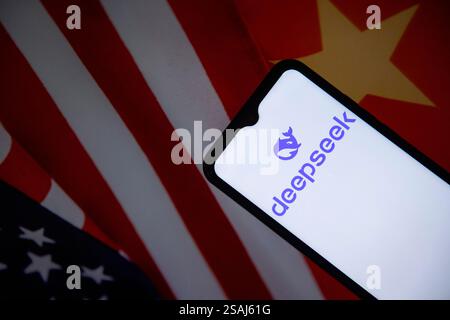 India. 30 gennaio 2025. In questa illustrazione fotografica, il logo DeepSeek viene visualizzato sullo schermo di un telefono cellulare con la bandiera americana e cinese sullo sfondo. Credito: SOPA Images Limited/Alamy Live News Foto Stock