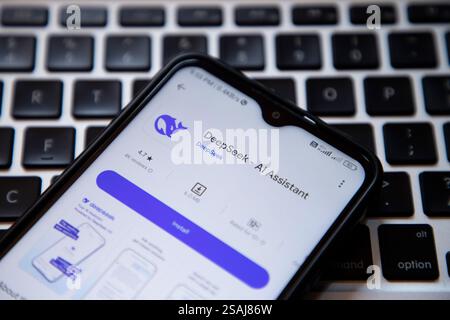 India. 30 gennaio 2025. In questa immagine, l'app DeepSeek viene visualizzata sullo schermo di un telefono cellulare accanto a una tastiera. (Foto di Faisal Bashir/SOPA Images/Sipa USA) *** esclusivamente a scopo editoriale *** credito: SIPA USA/Alamy Live News Foto Stock
