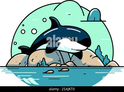 Cartoni animati killer balena in mare. Illustrazione vettoriale in stile piatto Illustrazione Vettoriale
