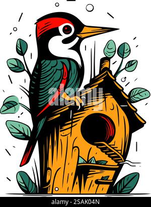Illustrazione vettoriale disegnata a mano di un picchio in una casetta per uccelli. Illustrazione Vettoriale