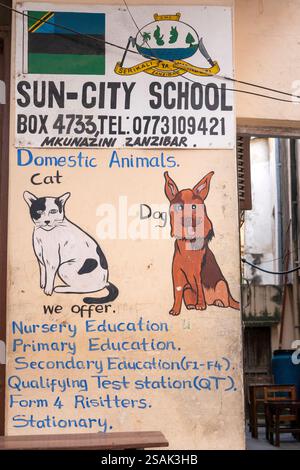 Africa Tanzania, Zanzibar, Stonetown, istruzione di alfabetizzazione, città vecchia, Tharia Street, insegna della scuola Sun-City Foto Stock