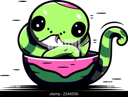 Serpente verde kawaii carino in una ciotola. Illustrazione vettoriale. Illustrazione Vettoriale