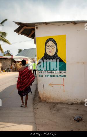 Africa Tanzania, Zanzibar, Nungwi, uomo Maasai che cammina accanto al ritratto femminile Foto Stock