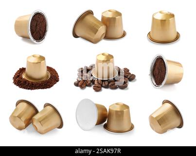 Molte capsule di caffè isolate su bianco, set Foto Stock