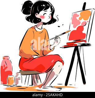 Ragazza che dipinge un quadro su cavalletto. Illustrazione vettoriale in stile cartone animato. Illustrazione Vettoriale