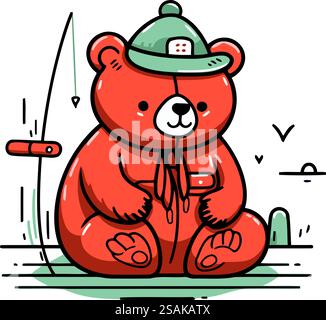 Un simpatico orso con un cappello si siede a terra. Illustrazione vettoriale. Illustrazione Vettoriale