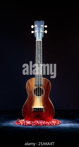 Ukulele, pittura chiara su sfondo scuro, marrone, primo piano nero e perle di vetro rosso. 2025 Foto Stock