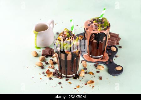 Frullato al cioccolato di Dubai, cocktail al cioccolato fondente Crazy shake, con panna al cioccolato montata, parfait al pistacchio kadaif e sciroppo al cioccolato di dubai, carica Foto Stock
