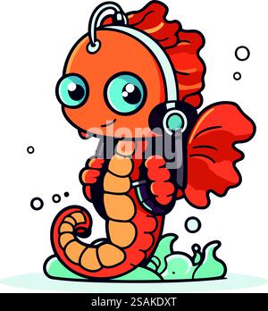 Simpatico animale marino con le cuffie. Illustrazione vettoriale in stile cartone animato. Illustrazione Vettoriale