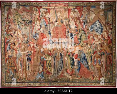 ATTRIBUITO A PIETER VAN AELST (ATTIVO dal 1495 al 1531), WEAVER, Grace Announces the Honours, Moralities series, Bruxelles-Brabante, circa 1515, arazzo; oro, argento, seta e lana, Royal Collections Gallery, Galería de las Colecciones Reales, Patrimonio Nacional, Madrid, Spagna. Foto Stock