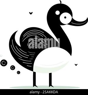Carina anatra dei cartoni animati. Illustrazione vettoriale in bianco e nero isolata su sfondo bianco. Illustrazione Vettoriale