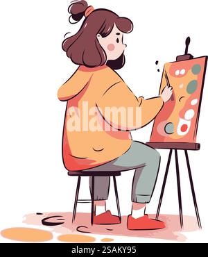 Ragazza che dipinge un quadro su cavalletto. Illustrazione vettoriale in stile cartone animato Illustrazione Vettoriale