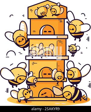 Illustrazione vettoriale della graziosa casa delle api dei cartoni animati in stile doodle. Illustrazione Vettoriale