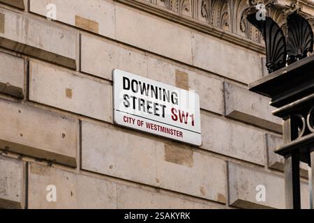 Vista ravvicinata del cartello di Downing Street con il distretto postale SW1 a Westminster vista da Whitehall. "SW" sta per South Western London, e... Foto Stock