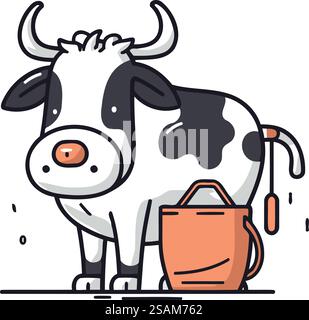 Carina mucca con lattina da irrigare. Illustrazione vettoriale in stile linea sottile. Illustrazione Vettoriale