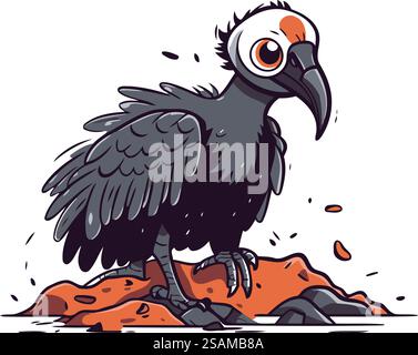 Avvoltoio seduto sulla roccia. Illustrazione di cartoni animati vettoriali isolata su sfondo bianco. Illustrazione Vettoriale