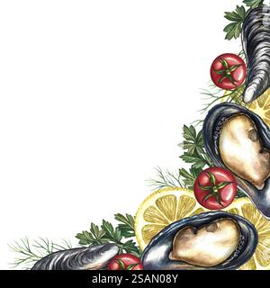 Cornice angolare con cozze, limone, erbe aromatiche e pomodori ciliegini. Illustrazione ad acquerello fatta a mano. Immagine a colori di un modello di pesce. Su uno sfondo bianco Foto Stock