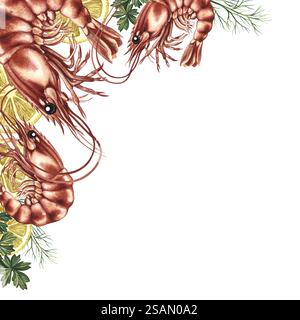 Cornice angolare con gamberi e limoni. Illustrazione ad acquerello disegnata a mano. Un modello a colori che presenta pesce e verdure. Su sfondo bianco. F Foto Stock