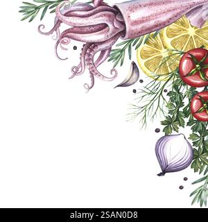 La cornice è angolare con calamari, limone, erbe e verdure. Illustrazione ad acquerello fatta a mano. Un'immagine a colori di un piatto di pesce. Su sfondo bianco Foto Stock