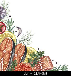 Cornice angolare con un'immagine di pesce rosso a fette con verdure. Illustrazione ad acquerello disegnata a mano. Immagine a colori di un modello di pesce. Su una b bianca Foto Stock