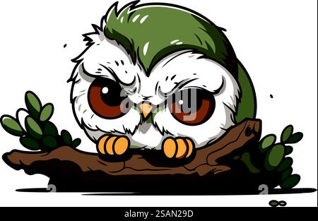 Grazioso gufo dei cartoni animati seduto su un ramo d'albero. Illustrazione vettoriale. Illustrazione Vettoriale