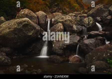 Le cascate scorrono su massi ricoperti di muschio circondati dai colori autunnali, creando un paesaggio naturale sereno e pittoresco. Foto Stock