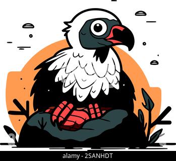 Illustrazione vettoriale di un avvoltoio seduto su una roccia. Stile cartoni animati. Illustrazione Vettoriale