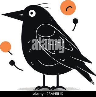 Illustrazione vettoriale corvo. Simpatico personaggio dei cartoni animati. Bianco e nero. Illustrazione Vettoriale