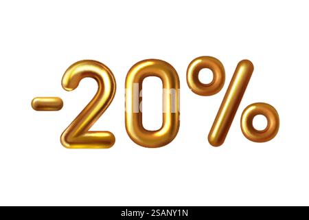 Sconto shopping realistico palloncino dorato meno il simbolo del venti per cento . Lamina metallica oro numero 20 3D con glitter. Sconto del 20% Golden sale. Sconto shopping realistico palloncino dorato meno il simbolo del venti per cento . Illustrazione Vettoriale