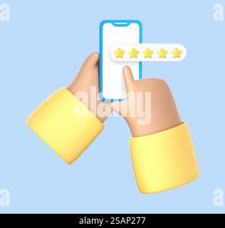 La mano di un cartone animato 3D lascia il feedback sullo schermo del telefono. Impugnatura con cinque stelle sullo smartphone. Recensione positiva degli utenti, tasso, valutazione online. Illustrazione vettoriale 3D. Illustrazione Vettoriale