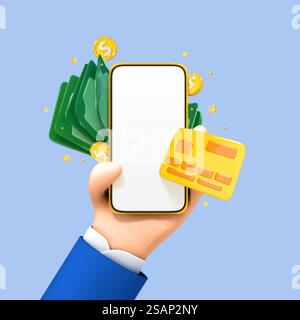 Mano umana di cartoni animati 3D che tiene il telefono con carta di credito, monete e banconote in dollari verdi. Concetto di pagamento online. Concetto di trasferimento e risparmio di denaro. Pagamenti senza contatto. Illustrazione vettoriale 3D. Illustrazione Vettoriale