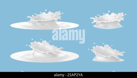 La corona del latte schizza isolata su sfondo blu. Set vettoriale realistico di schizzi di latte. Illustrazione Vettoriale