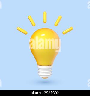 Icona della lampadina gialla in stile cartoni animati 3D. Concetto di idea, soluzione, business, strategia. Icona idee di pensiero. Soluzione e idea di business. Illustrazione vettoriale 3D. Illustrazione Vettoriale