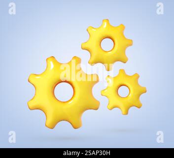 Icona ingranaggi 3D su sfondo blu. Riparazione, ottimizzazione, concetto del flusso di lavoro. Stile minimalista dei cartoni animati. illustrazione vettoriale 3d. Illustrazione Vettoriale