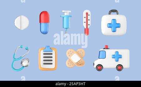 Set di icone mediche e sanitarie. Apparecchiature medicali in stile cartone animato 3D. Concetto di assistenza sanitaria online. Illustrazione 3D vettoriale Illustrazione Vettoriale