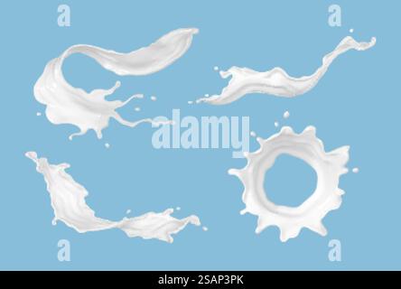 Set di schizzi realistici di latte di varie forme con gocce isolate su sfondo blu. Illustrazione vettoriale Illustrazione Vettoriale