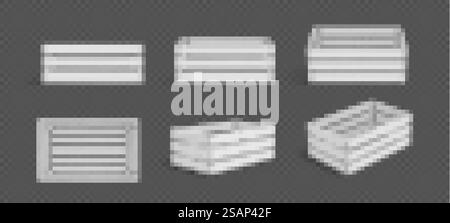 Vettoriale realistico vano di carico bianco scatole in legno isolate su sfondo trasparente. Scatola di frutta in legno con fori. Scatola per la conservazione e il trasporto di alimenti. Illustrazione Vettoriale