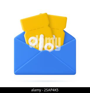 Inviluppo di posta aperta con rendering 3d con coupon vuoti con l'icona del segno di percentuale isolata su sfondo bianco. Concetto di acquisto con offerta promozionale e bonus, voucher. Illustrazione vettoriale. Icona busta con documenti cartacei. Illustrazione Vettoriale