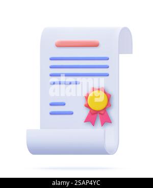 3d Achievement, Award, Grant, concetti di diploma. icona certificato con timbro e arco a nastro. rendering 3d. Illustrazione vettoriale. Concetti di conseguimento, assegnazione, concessione, diploma. Illustrazione Vettoriale