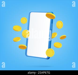 il 3d visualizza monete d'oro che volano accanto al telefono. Smartphone cellulare con l'esplosione di monete da un dollaro d'oro. Concetto vincente. Illustrazione vettoriale. smartphone 3d. Illustrazione Vettoriale