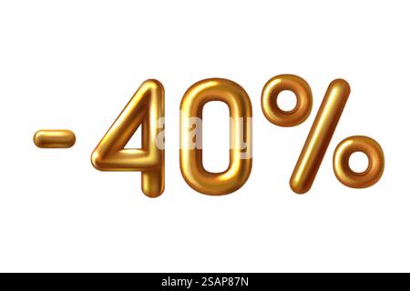 Sconto shopping realistico palloncino dorato meno il simbolo del quaranta per cento . 3D numero 40 lamina metallica dorata con glitter. Sconto del 40% Golden sale. Vendita e promozione pubblicitaria in negozio. Sconto shopping realistico palloncino dorato meno il simbolo del quaranta per cento . Illustrazione Vettoriale