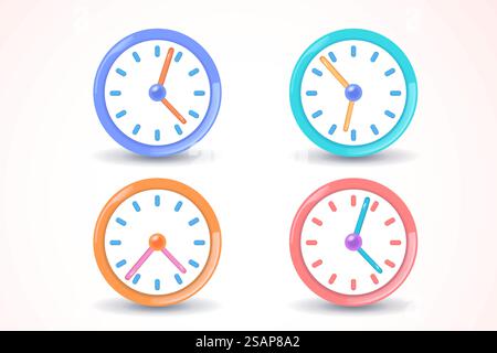 Set di icone di rendering 3d dell'orologio, grafica moderna stilizzata dell'orologio vintage Illustrazione Vettoriale