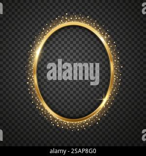 Cornice ovale festiva dorata lucida. Illustrazione vettoriale realistica. Elemento di progettazione. Glitter d'oro. Illustrazione Vettoriale