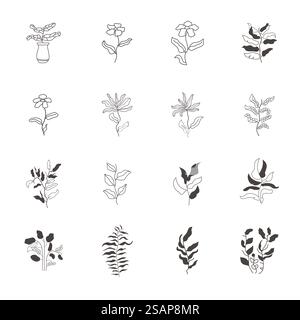 Motivo vettoriale botanico senza cuciture con foglie tropicali disegnate a mano e sfondo geometrico. Illustrazione Vettoriale