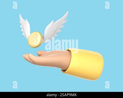 Mano dei cartoni animati 3D con moneta d'oro e ali. Moneta volante. Risparmio di denaro, pagamento online e concetto aziendale. Illustrazione 3d vettoriale Illustrazione Vettoriale