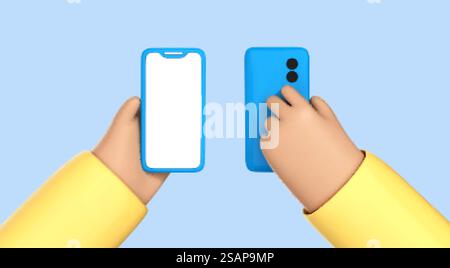 Smartphone portatile con cartoni animati 3D isolato su sfondo blu. Smartphone moderno con impugnatura umana. Illustrazione Vector 3D. Illustrazione Vettoriale
