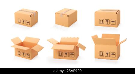 Scatole aperte e chiuse in cartone 3D isolate su sfondo bianco. Consegna vano di carico. Scatola di cartone animato o pacchetto di consegna. 3d vettoriale realistico Illustrazione Vettoriale