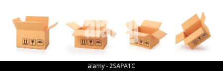 Scatole aperte in cartone 3D isolate su sfondo bianco. Vano di carico per la consegna. Scatola di cartone o pacchetto di consegna in stile cartone animato. vettore realistico 3d. Illustrazione Vettoriale
